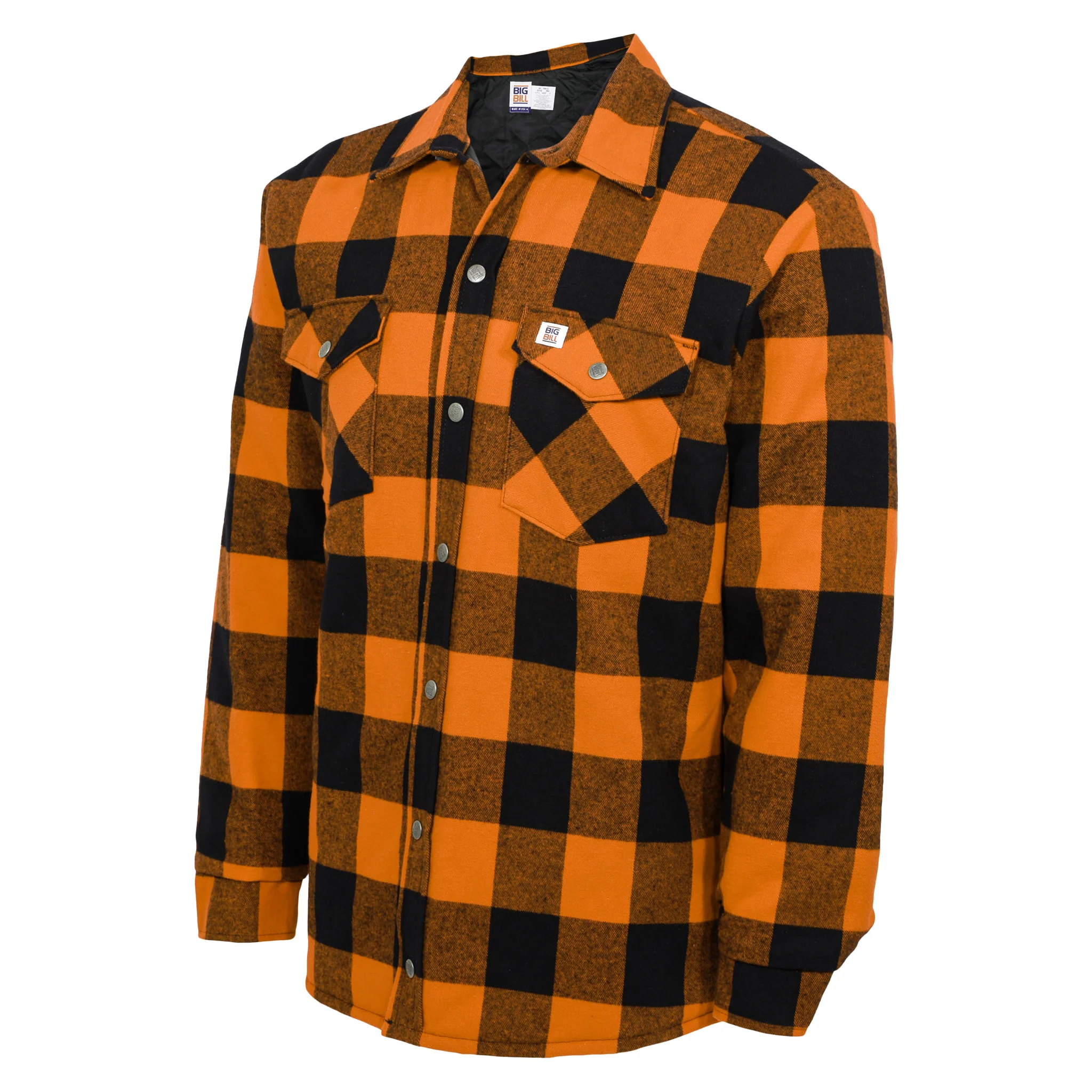 Quilted Flannel Shirt Jacket with Pockets - (386) Plaid Orange & Black